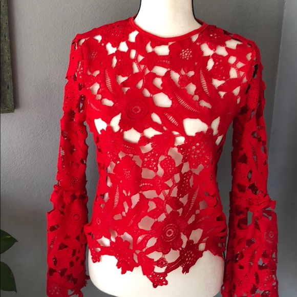 Peekaboo Lace Bell Sleeve Blouse - Red - Picture 2 of 7